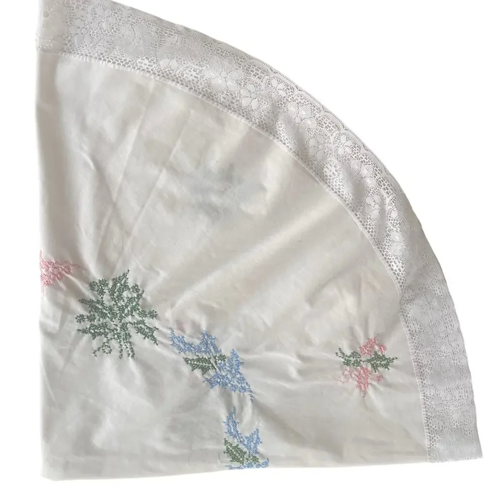 Vintage Hand Cross-Stitched Round Tablecloth 64” White Lace Trim Cottagecore